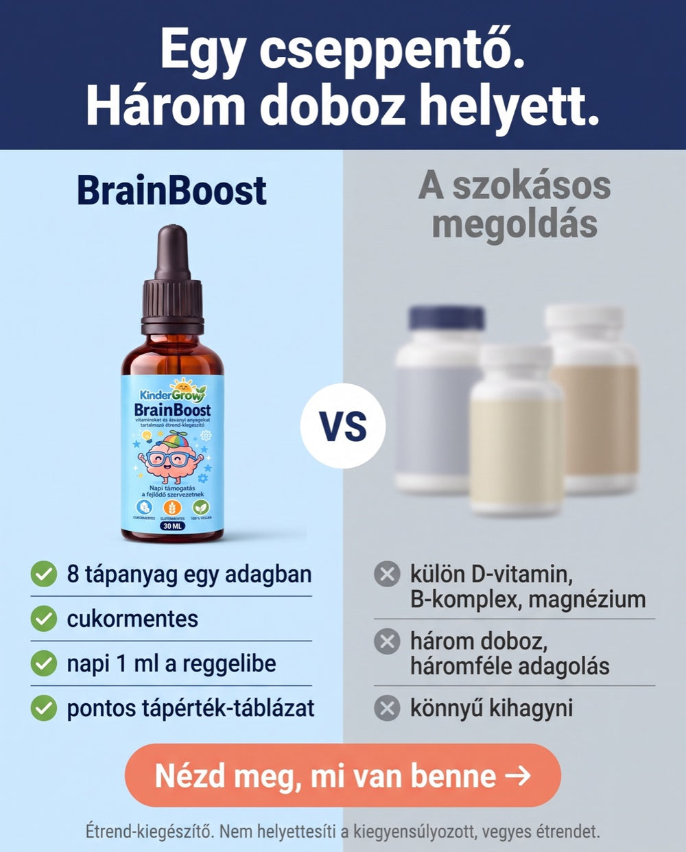 Egy BrainBoost üveg három külön vitamindoboz helyett