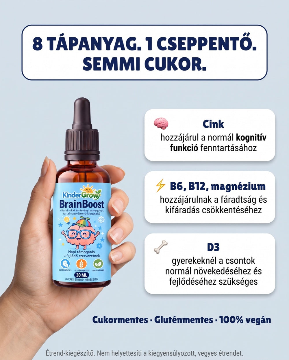 BrainBoost cseppentős üveg: 8 tápanyag, 1 cseppentő, cukor nélkül
