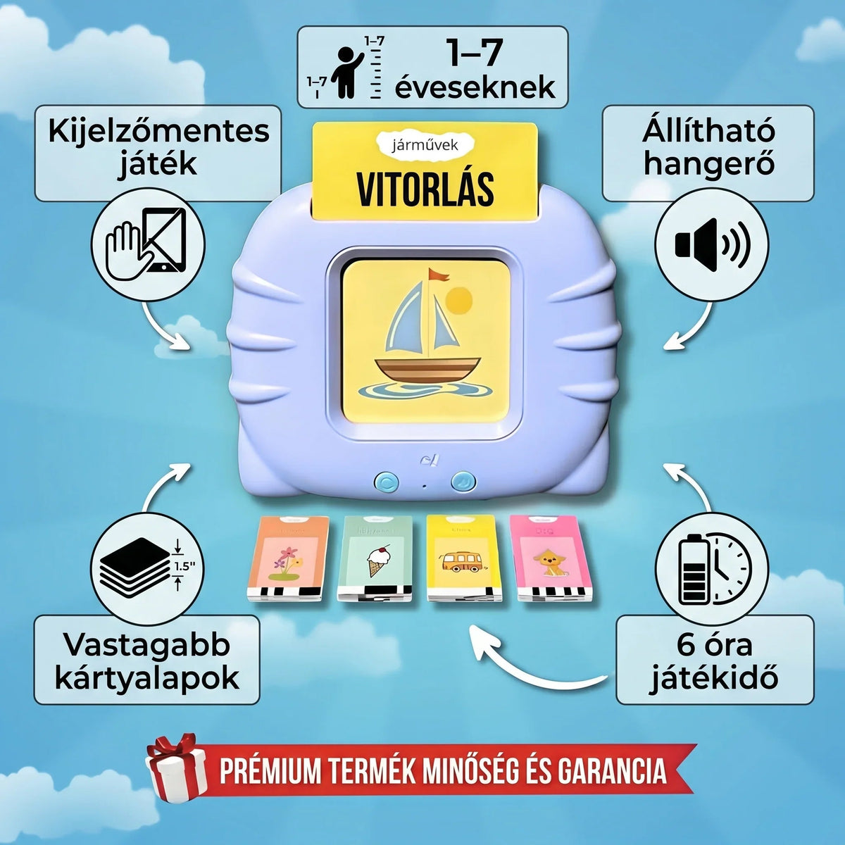 KinderSpeech beszédfejlesztő játék 1-7 éveseknek, interaktív oktatás, játékos gyerekfejlesztés, állítható hangerő